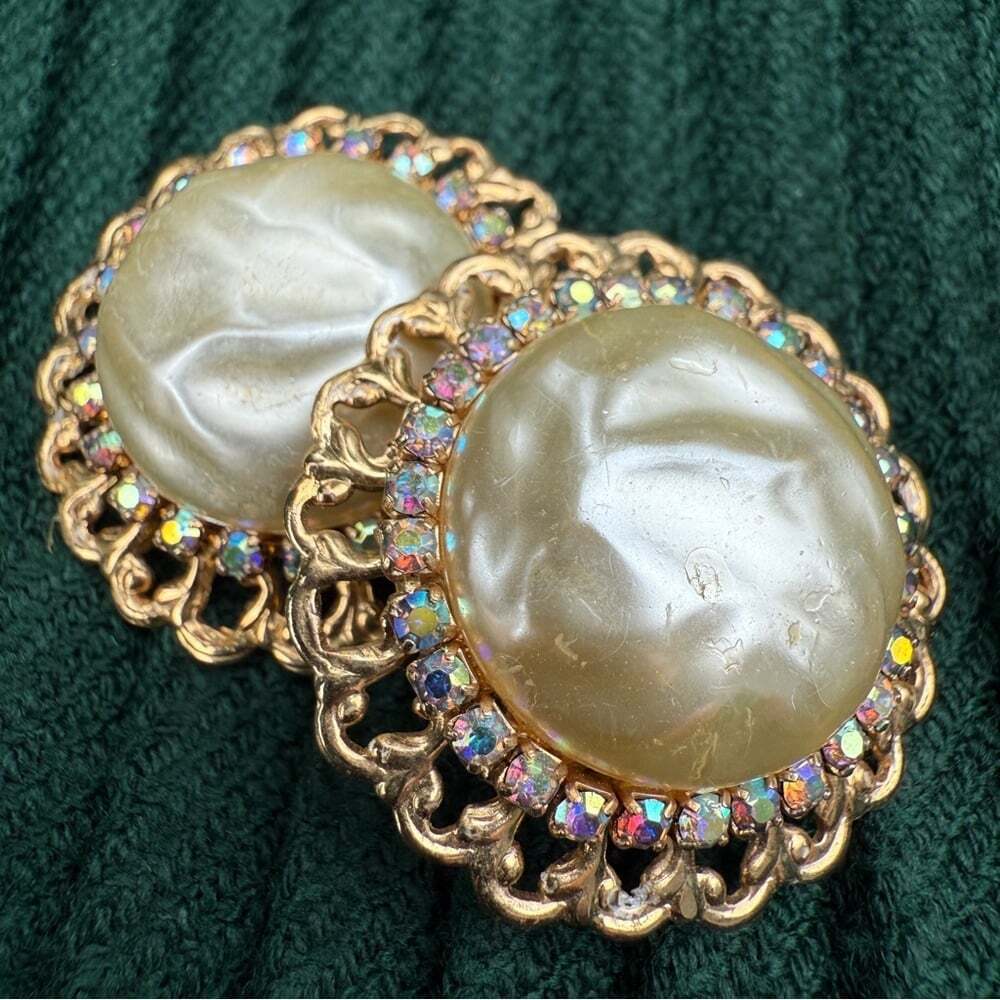 Vintage Coro Baroque Pearl and AB Rhinestone Clip On Statement Earrings